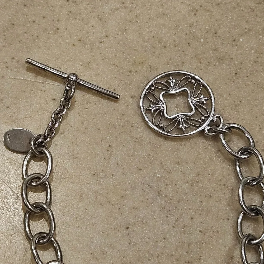 RARE VINTAGE MONICA RICH KOSANN SILVER CHARM ROLO TOGGLE FILIGREE BRACELET